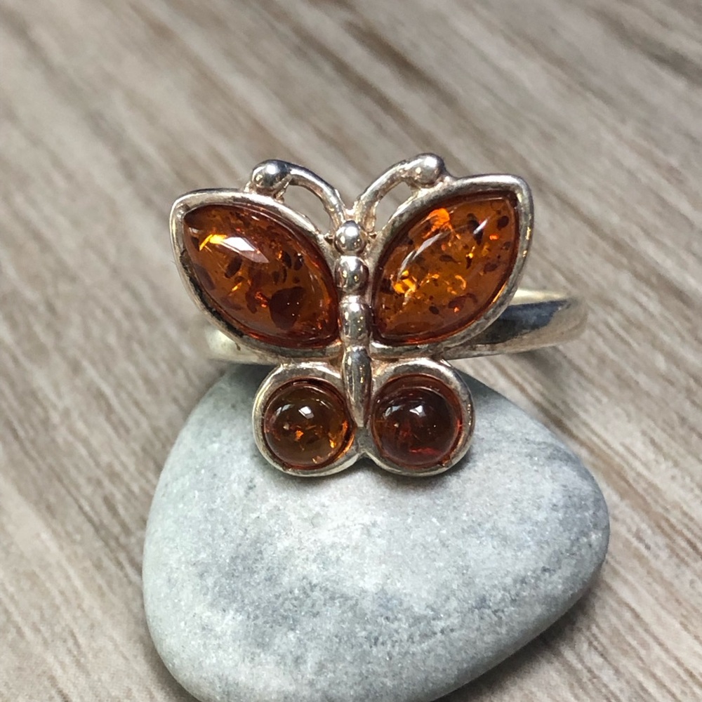 Amber Sterling Butterfly Ring 9 - Picture 2 of 9